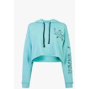 Post LA Adaptation Aqua and Black Graphic Long Sleeve Crop Hooded Sweater Small